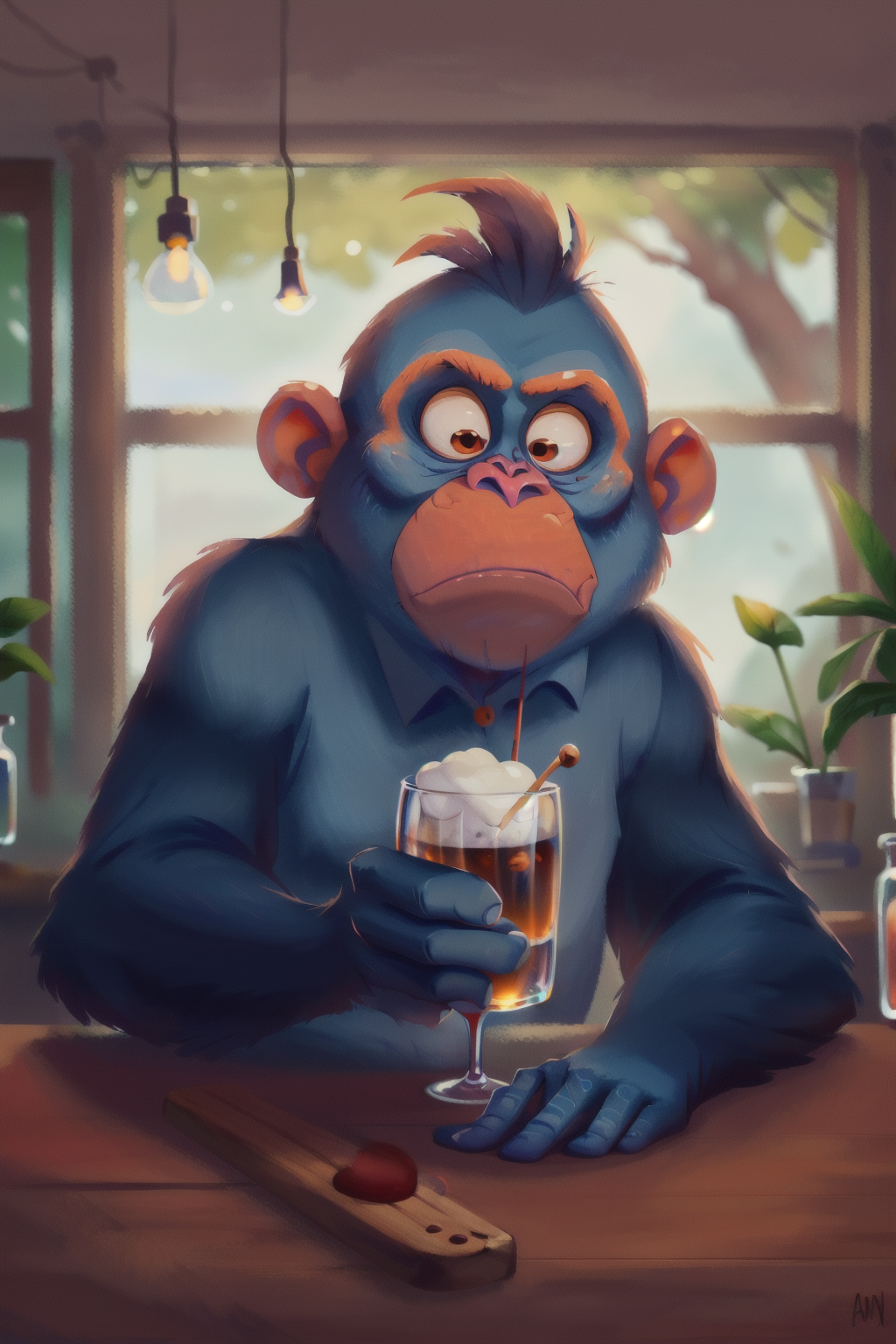 00042-1931052403-a bartender Chimpanzee behind a counter, Pebble Beach at Quiet hours.png